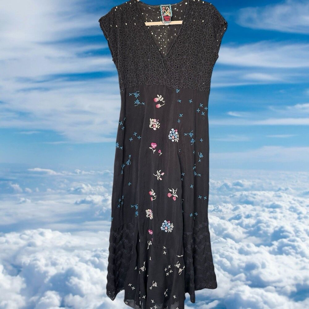 Johnny Was Embroidered Maxi Dress Black  Boho Cap Sleeve Small